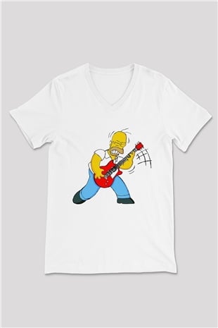 Simpsons Beyaz Unisex V Yaka Tişört T-Shirt