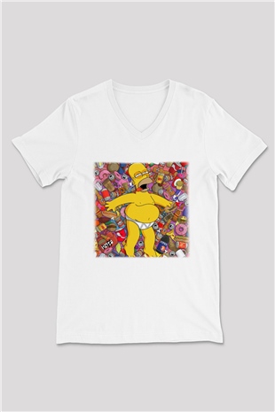 Simpsons Beyaz Unisex V Yaka Tişört T-Shirt