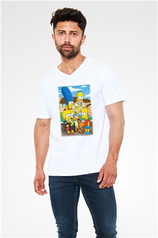 Simpsons Beyaz Unisex V Yaka Tişört T-Shirt