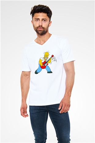 Simpsons Beyaz Unisex V Yaka Tişört T-Shirt