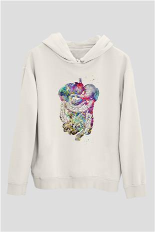 Sindirim Sistemi Renkli Baskılı Unisex Ekru Hoodie