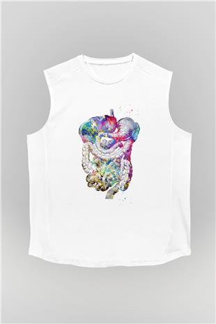Sindirim Sistemi Renkli Baskılı Unisex Kolsuz Beyaz Tişört - Tshirt