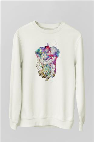 Sindirim Sistemi Renkli Baskılı Unisex Ekru Sweatshirt
