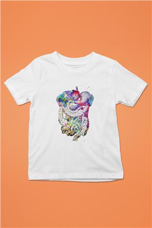 Sindirim Sistemi Renkli Baskılı Unisex Beyaz Çocuk Tişörtü - Tshirt