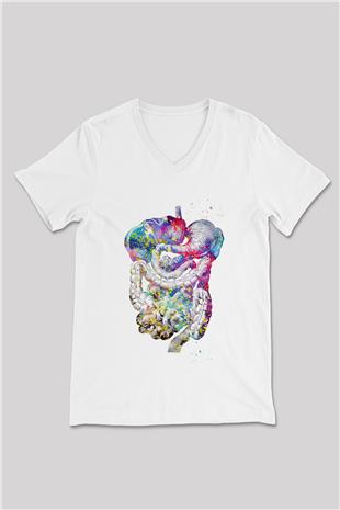 Sindirim Sistemi Renkli Baskılı Unisex V Yaka Beyaz Tişört - Tshirt