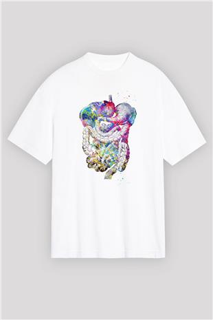Sindirim Sistemi Renkli Baskılı Unisex Oversize Beyaz Tişört - Tshirt