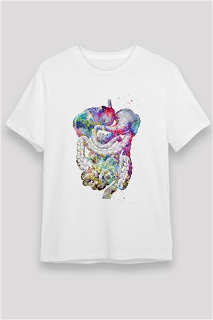 Sindirim Sistemi Renkli Baskılı Unisex Beyaz Tişört - Tshirt