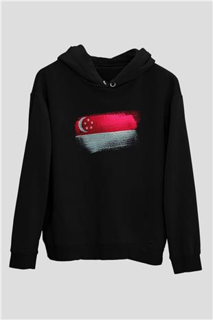 Singapur - Singapore Bayrağı Baskılı Unisex Siyah Kapüşonlu Sweatshirt