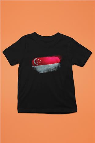Singapur - Singapore Bayrağı Baskılı Unisex Siyah Çocuk Tişörtü