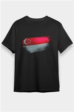 Singapur - Singapore Bayrağı Baskılı Unisex Siyah Tişört