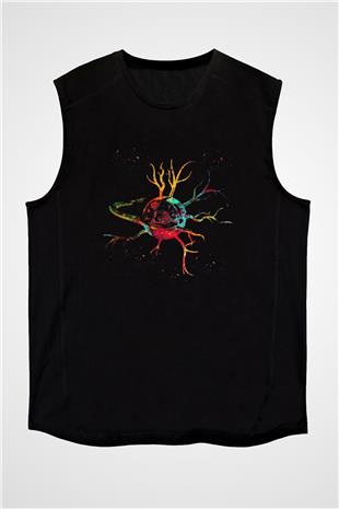 Sinir Hücresi Renkli Baskılı Unisex Kolsuz Siyah Tişört - Tshirt