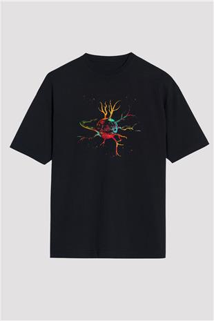 Sinir Hücresi Renkli Baskılı Unisex Oversize Tişört - Tshirt