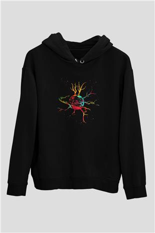 Sinir Hücresi Renkli Baskılı Unisex Siyah Kapüşonlu Sweatshirt