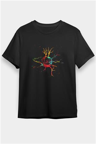 Sinir Hücresi Renkli Baskılı Unisex Siyah Tişört - Tshirt