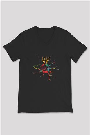 Sinir Hücresi Renkli Baskılı Unisex V Yaka Siyah Tİşört - Tshirt