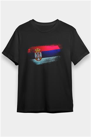 Sırbistan - Serbia Bayrağı Baskılı Unisex Siyah Tişört