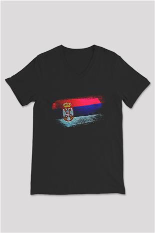 Sırbistan - Serbia Bayrağı Baskılı Unisex Siyah V Yaka Tişört