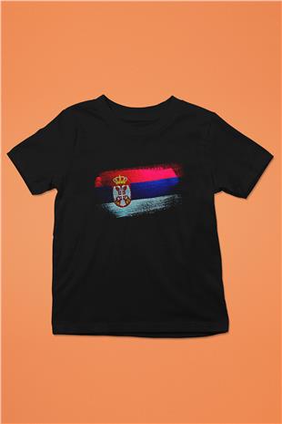Sırbistan - Serbia Bayrağı Baskılı Unisex Siyah Çocuk Tişörtü