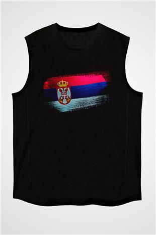 Sırbistan - Serbia Bayrağı Baskılı Unisex Siyah Kolsuz Tişört