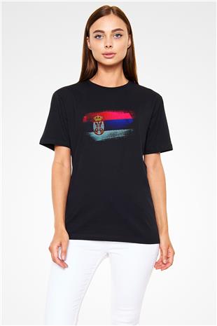 Sırbistan - Serbia Bayrağı Baskılı Unisex Siyah Tişört