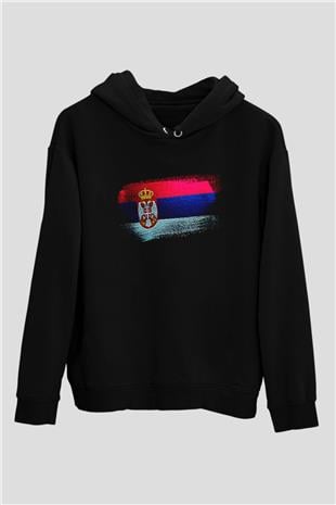 Sırbistan - Serbia Bayrağı Baskılı Unisex Siyah Kapüşonlu Sweatshirt