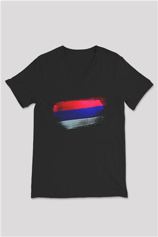 Sırp Cumhuriyeti - Republika Srpska Bayrağı Baskılı Unisex Siyah V Yaka Tişört