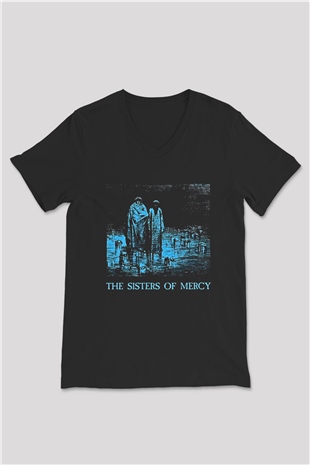 Sisters Of Mercy Baskılı Unisex Siyah V Yaka Tişört - Tshirt
