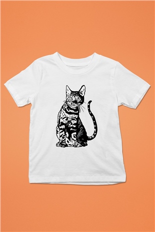 Siyah Kedi Baskılı Unisex Beyaz  Çocuk Tişört