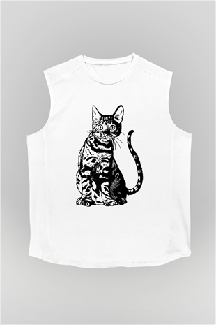 Siyah Kedi Baskılı Unisex Beyaz  Kolsuz Tişört