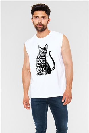 Siyah Kedi Baskılı Unisex Beyaz  Kolsuz Tişört