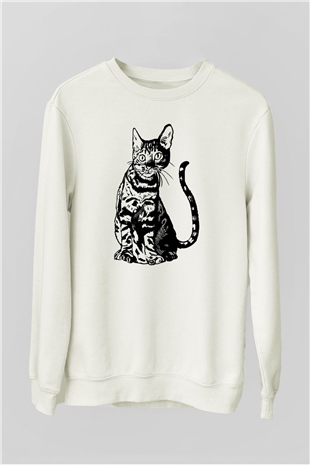 Siyah Kedi Baskılı Unisex Beyaz  Sweatshirt