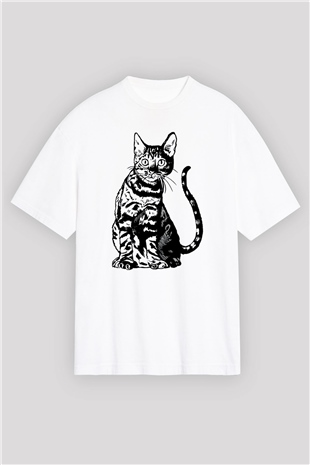 Siyah Kedi Baskılı Oversize Beyaz Tişört