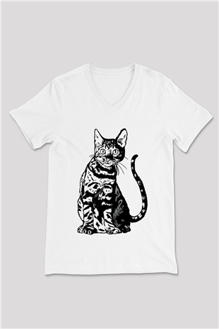 Siyah Kedi Baskılı Unisex Beyaz  V Yaka Tişört