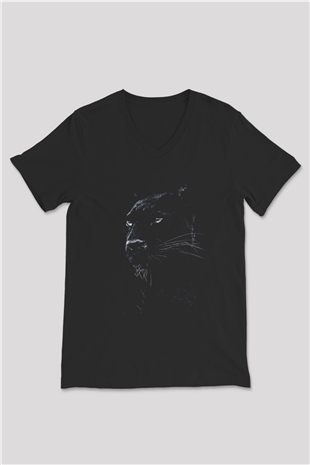 Siyah Panter Baskılı Unisex Siyah  V Yaka Tişört