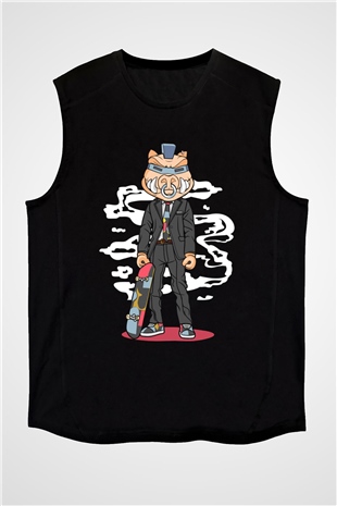 Skater Pig Baskılı Unisex Siyah Kolsuz Tişört