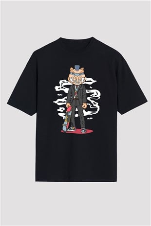 Skater Pig Baskılı Unisex Siyah Oversize Tişört