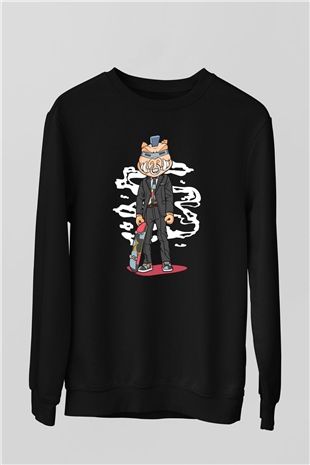 Skater Pig Baskılı Unisex Siyah Sweatshirt
