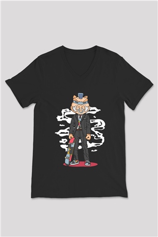 Skater Pig Baskılı Unisex Siyah V Yaka Tişört