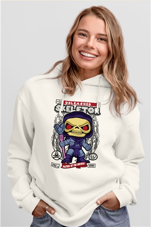Skeletor Baskılı Unisex Beyaz Hoodie