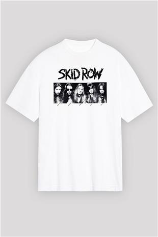 Skid Row Baskılı Beyaz Unisex Oversize Tişört - Tshirt