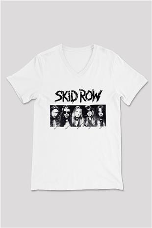 Skid Row Baskılı Beyaz Unisex V Yaka Tişört - Tshirt
