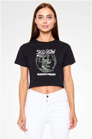 Skid Row Baskılı Siyah Crop Top Kadın Tişört - Tshirt