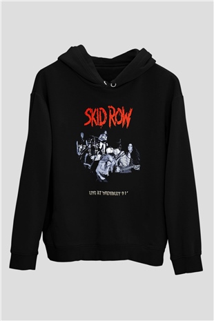 Skid Row Baskılı Unisex Siyah Kapüşonlu Sweatshirt