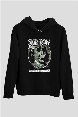 Skid Row Baskılı Unisex Siyah Kapüşonlu Sweatshirt