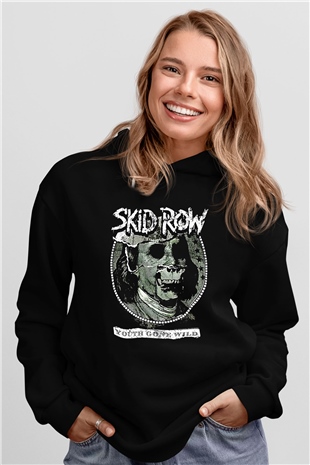 Skid Row Baskılı Unisex Siyah Kapüşonlu Sweatshirt