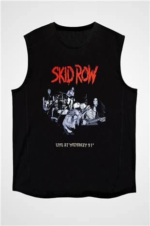 Skid Row Baskılı Unisex Siyah Kolsuz Tişört - Tshirt
