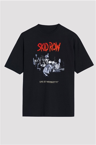 Skid Row Baskılı Unisex Siyah Oversize Tişört - Tshirt