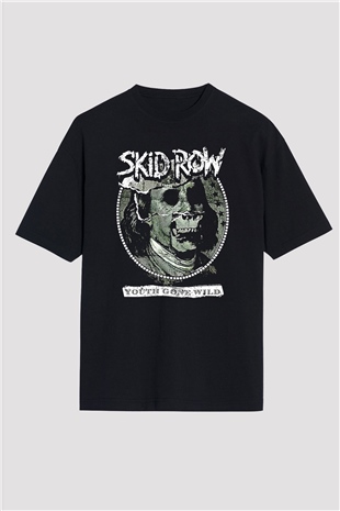 Skid Row Baskılı Unisex Siyah Oversize Tişört - Tshirt