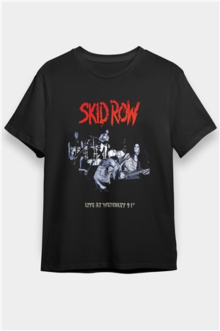 Skid Row Baskılı Unisex Siyah Tişört - Tshirt