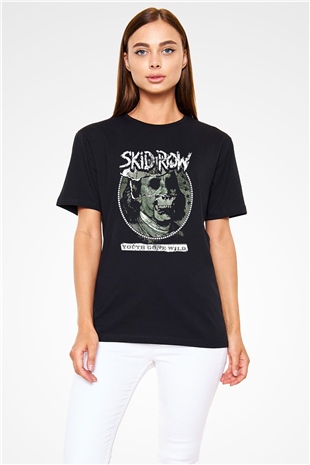 Skid Row Baskılı Unisex Siyah Tişört - Tshirt